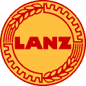 Rundes Lanz–Logo, rot auf gelbem Grund.