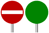 Zeichnung: Vorder– und Rückseite eines runden Schilds, vorne rot mit weißem, waagerechtem Balken, hinten grün.