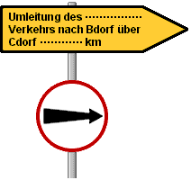 Zeichnung: Wegweiser für Umleitungen mit Zusatz–Schild.