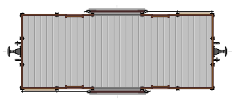 Zeichnung: gedeckter Güterwagen mit braunem Bretteraufbau, Aufsicht ohne Dach.